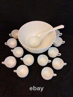 Vintage Fenton Hobnail Milk Glass Punch Bowl 12 Cups Ladle Set EXCELLENT