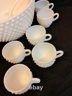 Vintage Fenton Hobnail Milk Glass Punch Bowl 12 Cups Ladle Set EXCELLENT