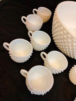 Vintage Fenton Hobnail Milk Glass Punch Bowl 12 Cups Ladle Set EXCELLENT