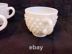 Vintage Fenton Hobnail Milk Glass Punch Bowl 12 Cups Ladle Set EXCELLENT