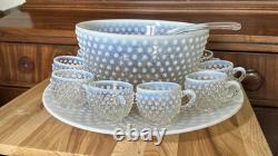 Vintage Fenton Hobnail Opalescent Punch Bowl WithLadle and 9 Cups