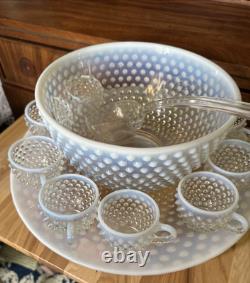 Vintage Fenton Hobnail Opalescent Punch Bowl WithLadle and 9 Cups