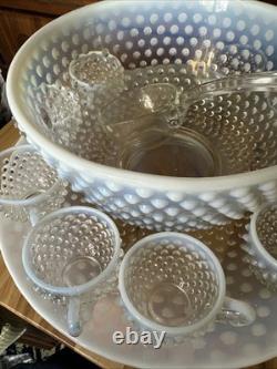 Vintage Fenton Hobnail Opalescent Punch Bowl WithLadle and 9 Cups