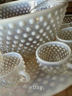 Vintage Fenton Hobnail Opalescent Punch Bowl WithLadle and 9 Cups