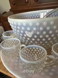 Vintage Fenton Hobnail Opalescent Punch Bowl WithLadle and 9 Cups