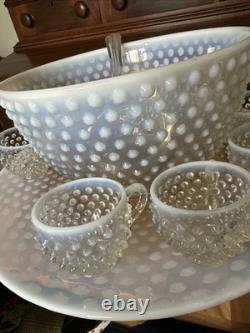 Vintage Fenton Hobnail Opalescent Punch Bowl WithLadle and 9 Cups