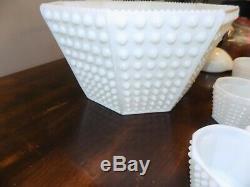 Vintage Fenton Hobnail White Milk Glass Punch Bowl Set with 12 Cups and Ladle