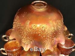 Vintage Fenton Marigold Carnival Glass Orange Tree 8 piece Punch Bowl & Cup Set