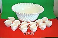 Vintage Fenton Ruffled Edge White Hobnail Milk Glass Punchbowl Set 12 Cups