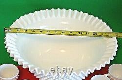 Vintage Fenton Ruffled Edge White Hobnail Milk Glass Punchbowl Set 12 Cups