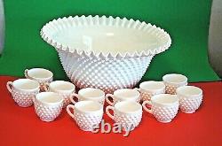 Vintage Fenton Ruffled Edge White Hobnail Milk Glass Punchbowl Set 12 Cups