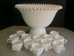Vintage Fenton White Milk Glass Hobnail Punch Bowl With 12 Cups & Ladle USA