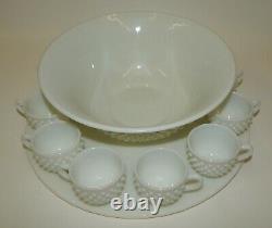 Vintage Fenton White Milk Glass Hobnail Punchbowl Set with Cups & Underplates