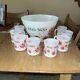 Vintage Fire King Christmas Egg Nog Snowflakes Punch Mixing Bowl 8 Mugs Cups