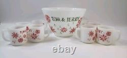 Vintage Fire King Milk Glass Punch Bowl & 8 Mugs Snowflake Tom & Jerry Egg Nog