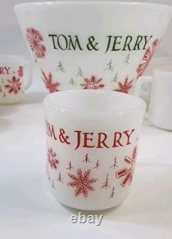 Vintage Fire King Milk Glass Punch Bowl & 8 Mugs Snowflake Tom & Jerry Egg Nog