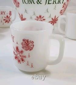 Vintage Fire King Milk Glass Punch Bowl & 8 Mugs Snowflake Tom & Jerry Egg Nog
