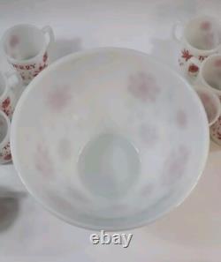 Vintage Fire King Milk Glass Punch Bowl & 8 Mugs Snowflake Tom & Jerry Egg Nog