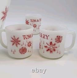 Vintage Fire King Milk Glass Punch Bowl & 8 Mugs Snowflake Tom & Jerry Egg Nog