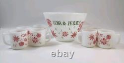 Vintage Fire King Milk Glass Punch Bowl & 8 Mugs Snowflake Tom & Jerry Egg Nog