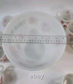 Vintage Fire King Milk Glass Punch Bowl & 8 Mugs Snowflake Tom & Jerry Egg Nog