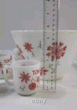 Vintage Fire King Milk Glass Punch Bowl & 8 Mugs Snowflake Tom & Jerry Egg Nog