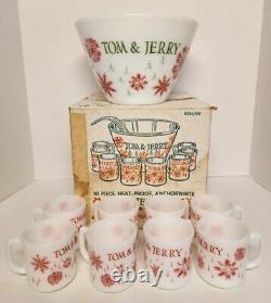 Vintage Fire King Milk Glass Snowflake Tom & Jerry Egg Nog Punch Bowl & 8 Mugs