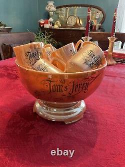 Vintage Fire-King Tom & Jerry Peach Luster Punch Bowl Set with Pedestal