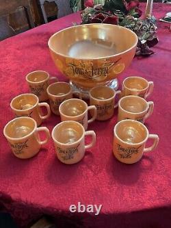 Vintage Fire-King Tom & Jerry Peach Luster Punch Bowl Set with Pedestal