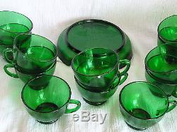 Vintage Forest Green Glass Anchor Hocking Punch Bowl 12 Cups Stand Complete Set
