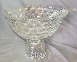 Vintage Fostoria American Cubist Clear Glass Punch Bowl with Pedestal & Ladle