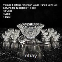 Vintage Fostoria American Glass Punch Bowl Set 12 Cups Ladle 14 Pc