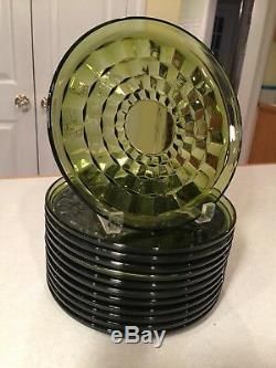 Vintage Fostoria American Indiana Green Glass Salad Punch Bowl & 12 Plates Set