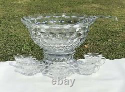 Vintage Fostoria American Punch Bowl With Stand, Ladle & (5) Punch Cups