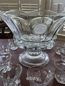 Vintage Fostoria Coin Clear Glass Punch Bowl Set 14.5 Bowl With 11 Cups Mugs