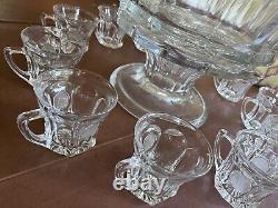 Vintage Fostoria Coin Clear Glass Punch Bowl Set 14.5 Bowl With 11 Cups Mugs