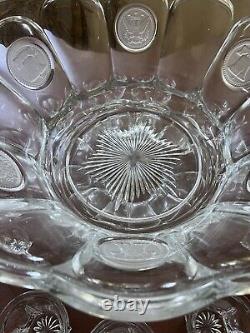 Vintage Fostoria Coin Clear Glass Punch Bowl Set 14.5 Bowl With 11 Cups Mugs