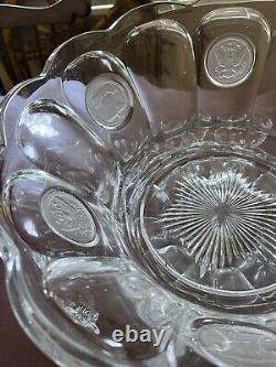 Vintage Fostoria Coin Clear Glass Punch Bowl Set 14.5 Bowl With 11 Cups Mugs