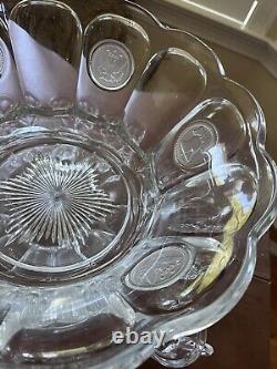 Vintage Fostoria Coin Clear Glass Punch Bowl Set 14.5 Bowl With 11 Cups Mugs