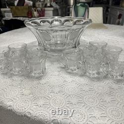 Vintage Fostoria Coin Glass Clear Punch Bowl 14 3/4 & 11 Punch Cups USA Symbols
