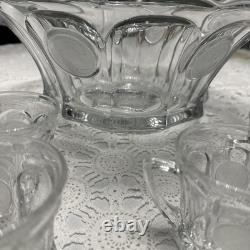 Vintage Fostoria Coin Glass Clear Punch Bowl 14 3/4 & 11 Punch Cups USA Symbols