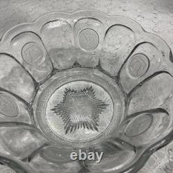 Vintage Fostoria Coin Glass Clear Punch Bowl 14 3/4 & 11 Punch Cups USA Symbols