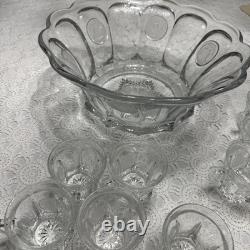 Vintage Fostoria Coin Glass Clear Punch Bowl 14 3/4 & 11 Punch Cups USA Symbols