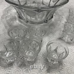 Vintage Fostoria Coin Glass Clear Punch Bowl 14 3/4 & 11 Punch Cups USA Symbols