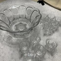 Vintage Fostoria Coin Glass Clear Punch Bowl 14 3/4 & 11 Punch Cups USA Symbols