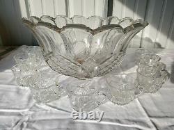 Vintage Fostoria Heavy Pressed Glass Punch Bowl With 9 Glasses