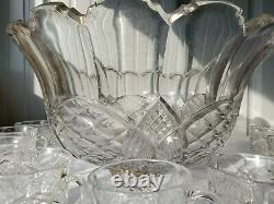 Vintage Fostoria Heavy Pressed Glass Punch Bowl With 9 Glasses