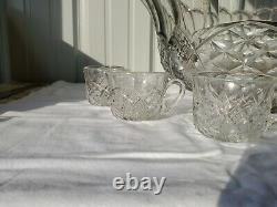 Vintage Fostoria Heavy Pressed Glass Punch Bowl With 9 Glasses