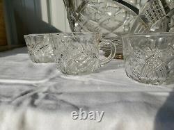 Vintage Fostoria Heavy Pressed Glass Punch Bowl With 9 Glasses