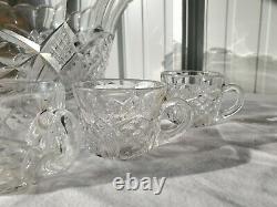 Vintage Fostoria Heavy Pressed Glass Punch Bowl With 9 Glasses